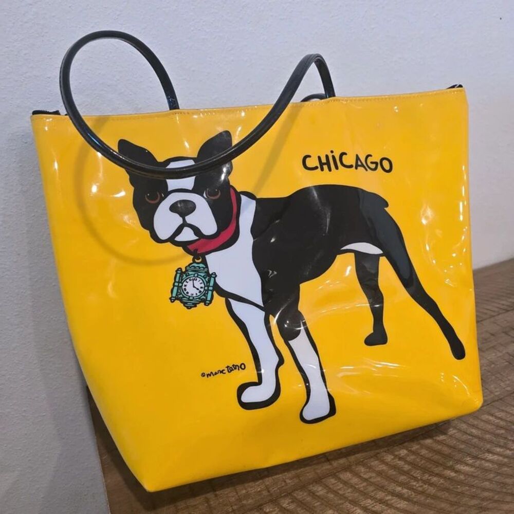 Marc Tetro Chicago Boston Terrier Yellow Patent Tote Bag Dog Graphic Handbag